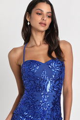 Shining Goddess Cobalt Blue Sequin Lace-Up Mini Dress